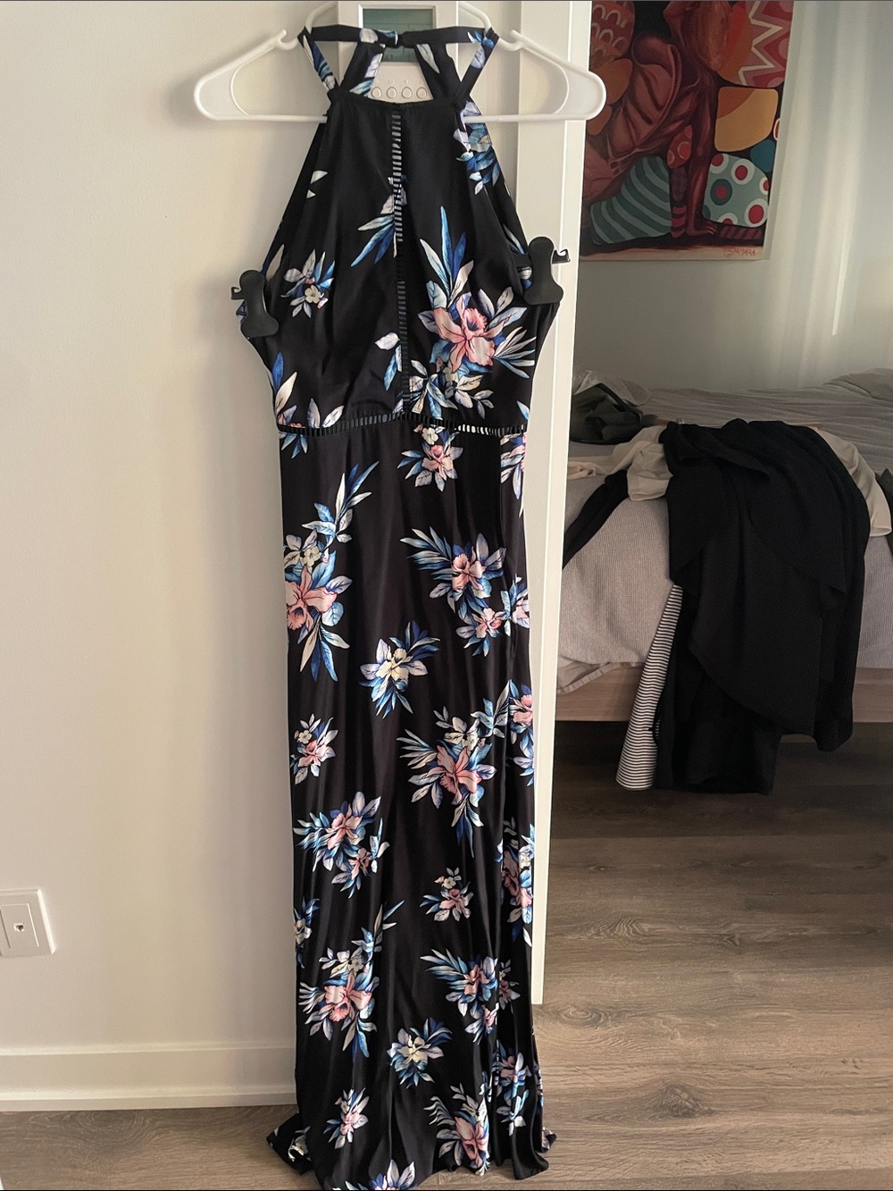 Black Floral Maxi halter open back Dress with Pink & Blue Blooms